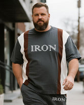 Big & Tall Men's Dark Gray IRON Alphabet Print Round Neck Short Sleeve T-Shirt Shorts Suit